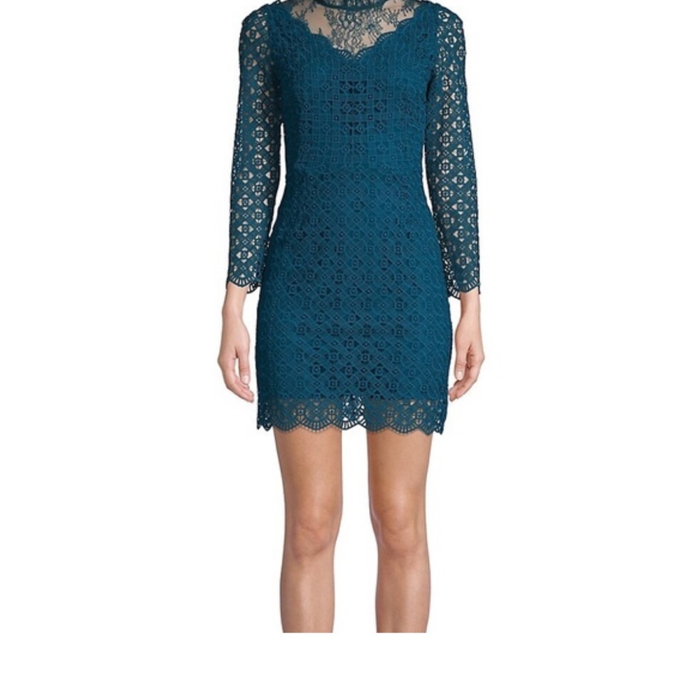 Sandro Bartsie Mini Dress in Teal Blue Guipure Lace Long Sleeve Dress Size 36/S